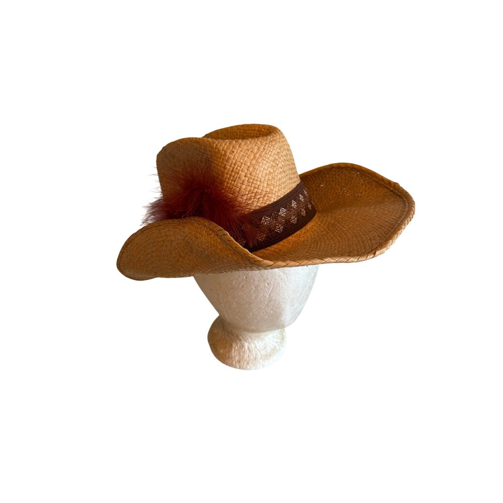 Vintage Straw Cowboy Hat Tan Woven Western Feather Accent Size Small 6 3/4-6 7/8